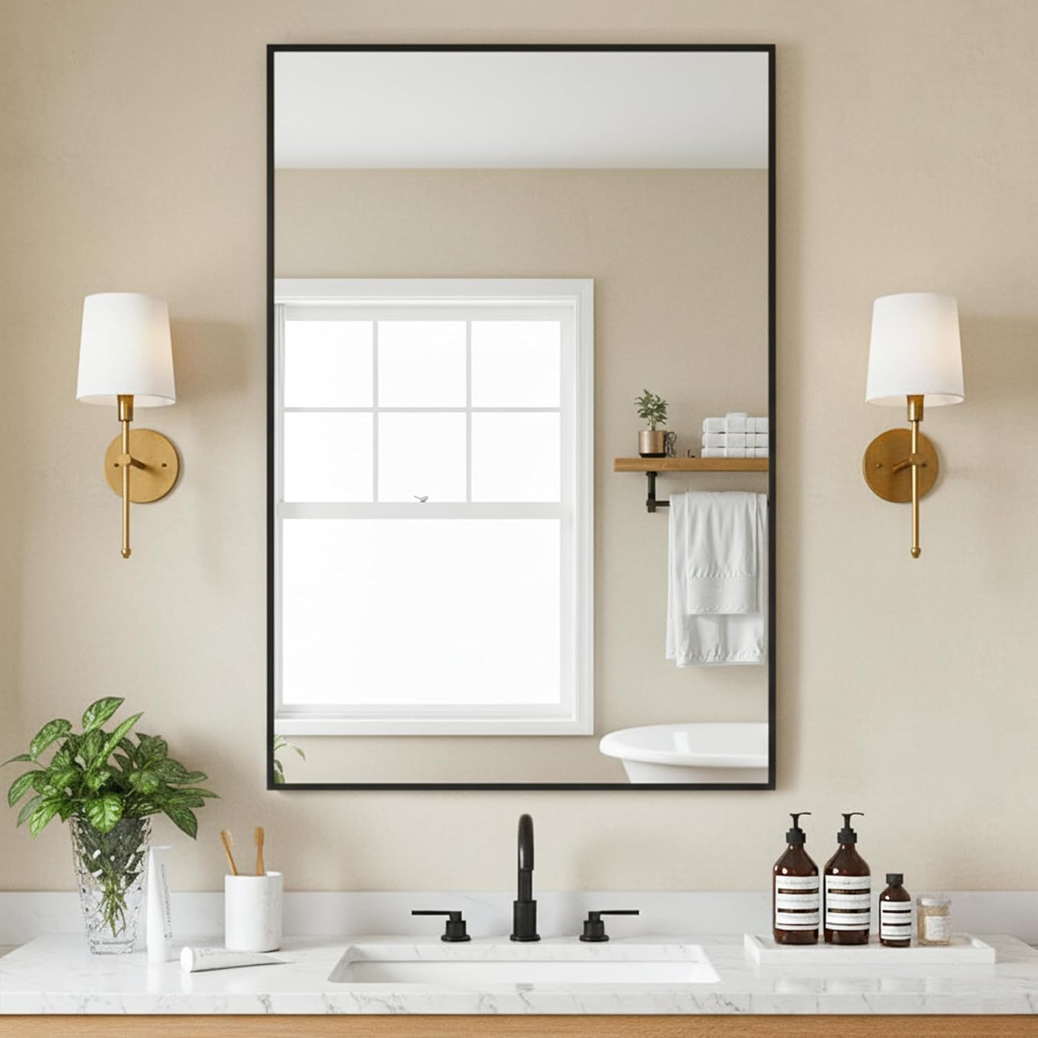 36x24 Inch Black Metal Frame Bathroom Mirror